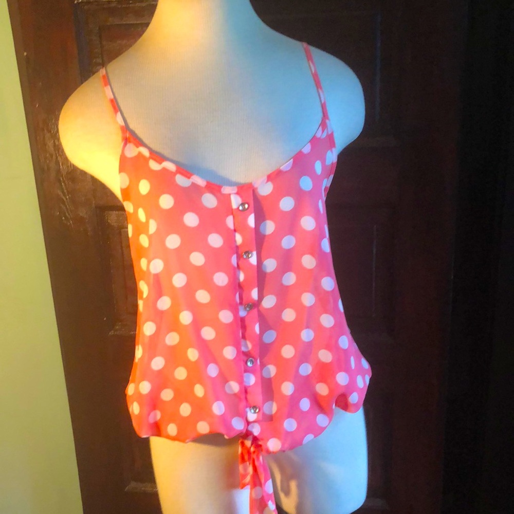 B Jewel spaghetti strap pink&white polka dot sheer top/medium faux button front